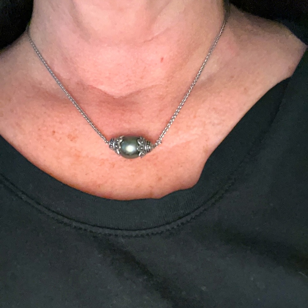 11-12MM Cultured Tahitian Pearl Rhodium over Sterling Silver 18 inch Necklace - Picture 1 of 5